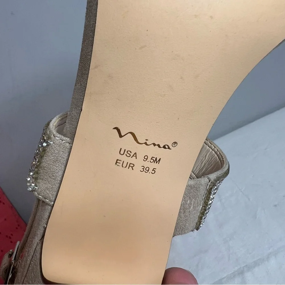 Nina Senta nude tan rhinestone double strap adjustable strap block heels 9.5